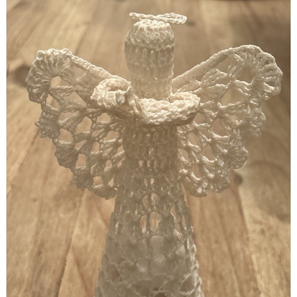 Vintage Crochet Angel Christmas Tree Topper Starched Stiff Ivory 10” H